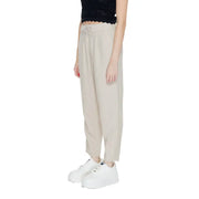 Light beige relaxed fit linen viscose women trousers with drawstrings, laces, and pockets