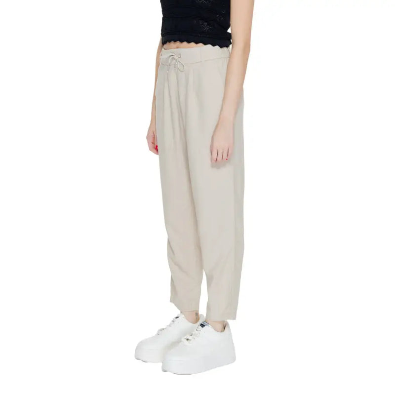 Light beige relaxed fit linen viscose women trousers with drawstrings, laces, and pockets
