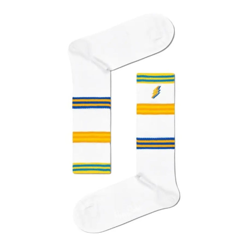 Pair of white striped socks featuring a stylish design for comfortable wear
