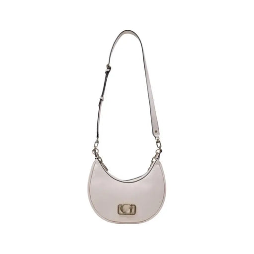 Pale pink crescent-shaped shoulder bag with chain strap and gold logo for elegant style