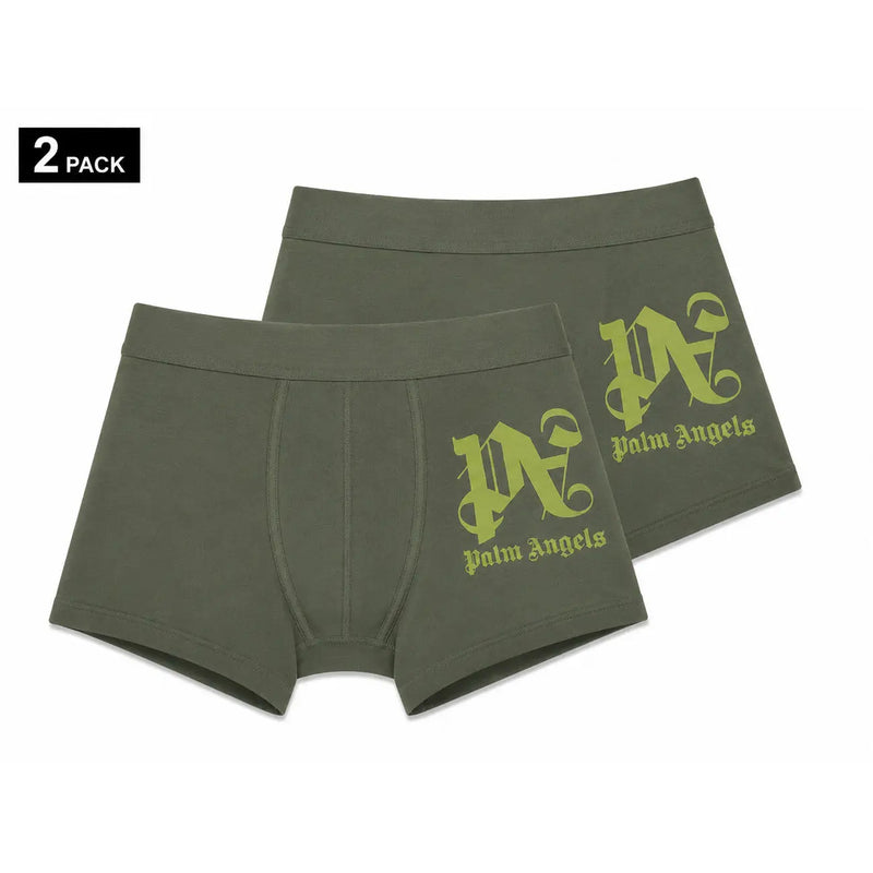 Olive green palm angels boxer briefs with lime green embroidered logo made of black cotton for men underwear