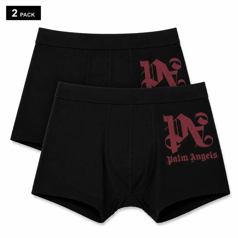 Black men’s cotton boxer briefs with maroon pn logo and palm angels text on the side by Palm Angels