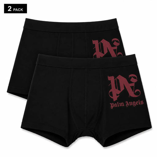 Boxers noirs en coton pour hommes, avec logo PN bordeaux et inscription Palm Angels sur le côté, par Palm Angels.