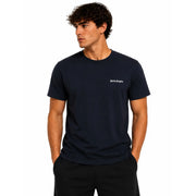 Navy blue cotton short-sleeved t-shirt with white palm angels logo embroidered on left chest for men