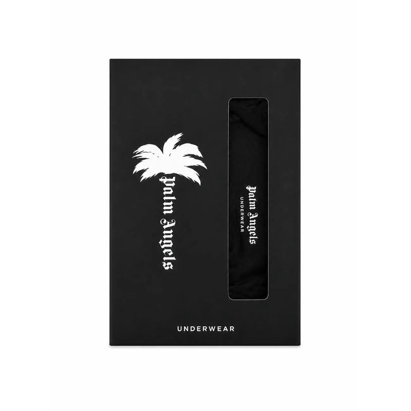 Palm Angels men black cotton underwear short fit displayed in a sleek black box with white palm tree and logo