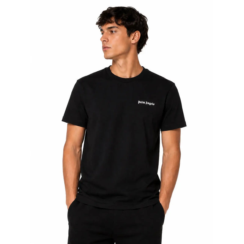 Palm angels men black cotton short-sleeved t-shirt with small white logo embroidered on left chest