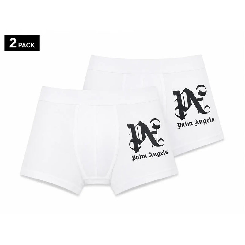 White palm angels boxer briefs with black gothic pa logo and brand name printed on front made of cotton