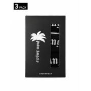 Black palm angels men boxer briefs white cotton elastane set in black box with white logo and three patterned pairs visible