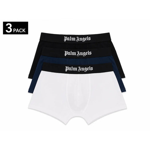 Ensemble de trois boxers pour homme Palm Angels en coton élasthanne noir, bleu marine et blanc, avec ceintures signature.