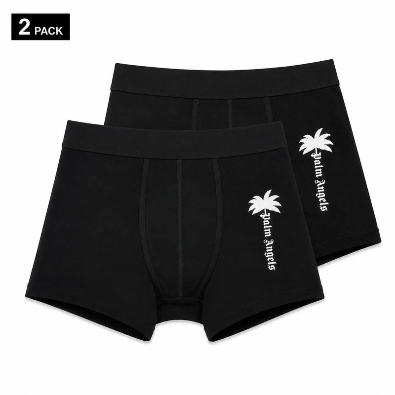 Black palm angels men cotton boxer briefs featuring white palm tree and brand logo embroidery on black fabric