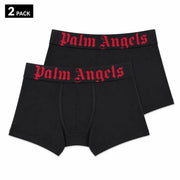 Black palm angels boxer briefs with red gothic lettering on waistband made of green cotton stretch fit underwear