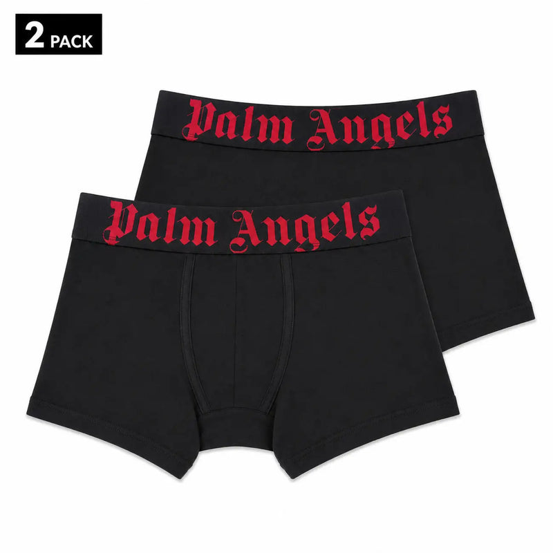 Black palm angels boxer briefs with red gothic lettering on waistband made of green cotton stretch fit underwear