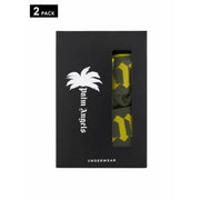Black palm angels underwear box containing two-pack olive green and yellow patterned cotton stretch fit boxer briefs