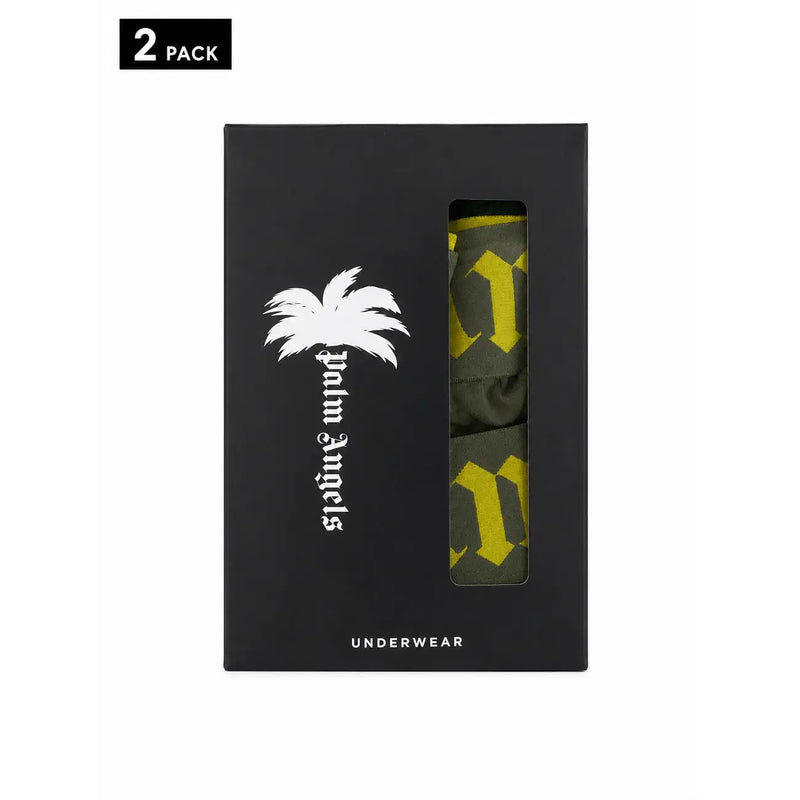 Black palm angels underwear box containing two-pack olive green and yellow patterned cotton stretch fit boxer briefs