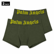 Olive green palm angels boxer briefs with stretch cotton fabric and bold yellow gothic waistband lettering