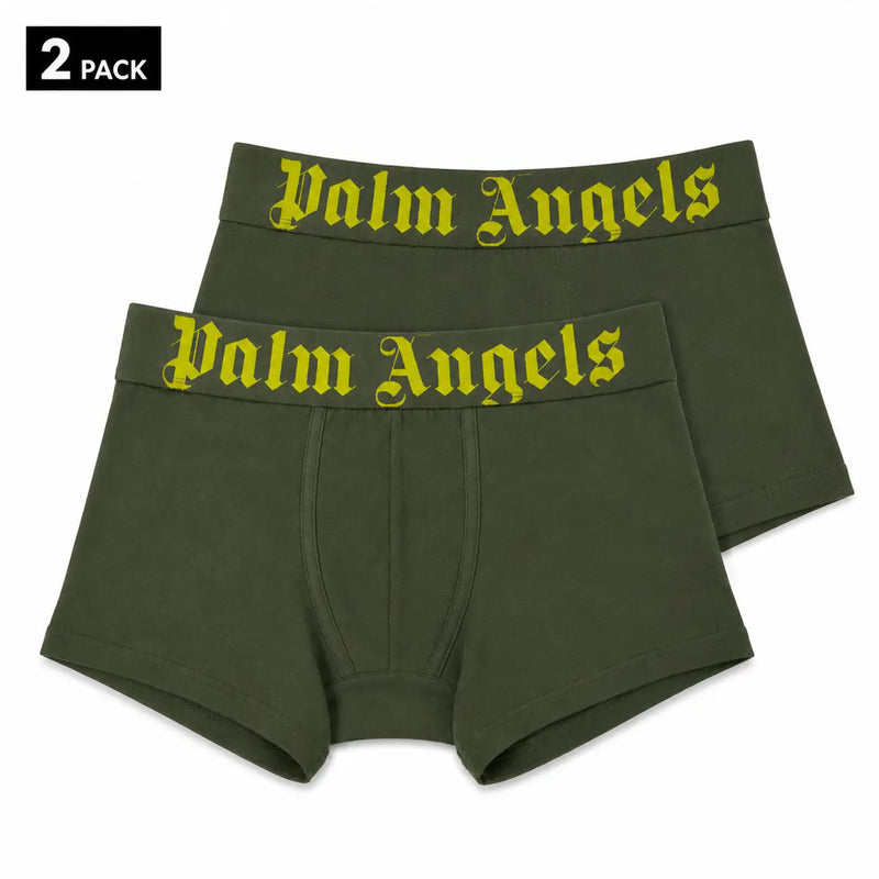 Olive green palm angels boxer briefs with stretch cotton fabric and bold yellow gothic waistband lettering