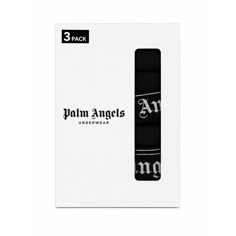 Black palm angels underwear 3-pack with bold white gothic waistband lettering made of blue cotton stretch fabric