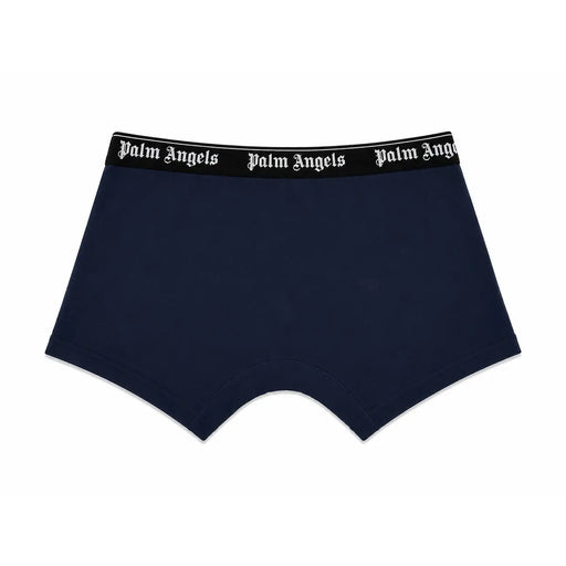 Boxer pour homme Palm Angels bleu marine, avec ceinture noire et logo blanc, en coton stretch.