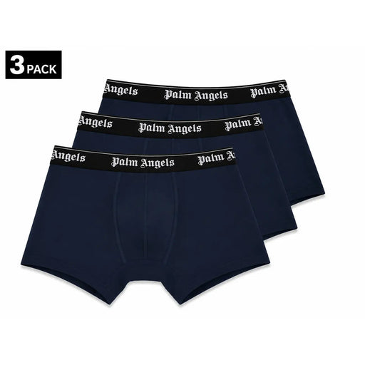 Boxer homme bleu marine Palm Angels en coton stretch, ceinture noire et logo blanc (vue de face)