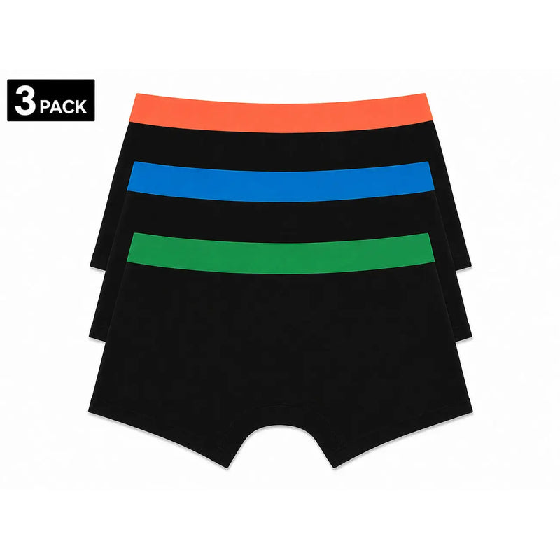 Three-pack of Palm Angels men black cotton stretch briefs with colorful orange, blue, and green elastic waistbands