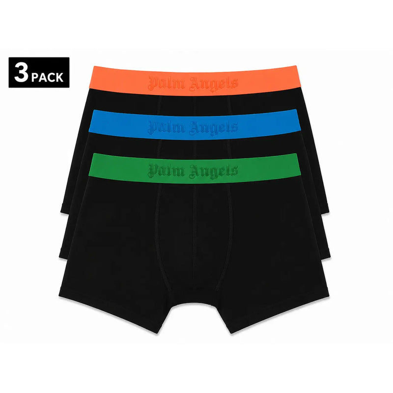 Set of three black cotton stretch boxer briefs with brightly colored Palm Angels elastic waistbands in orange blue and green