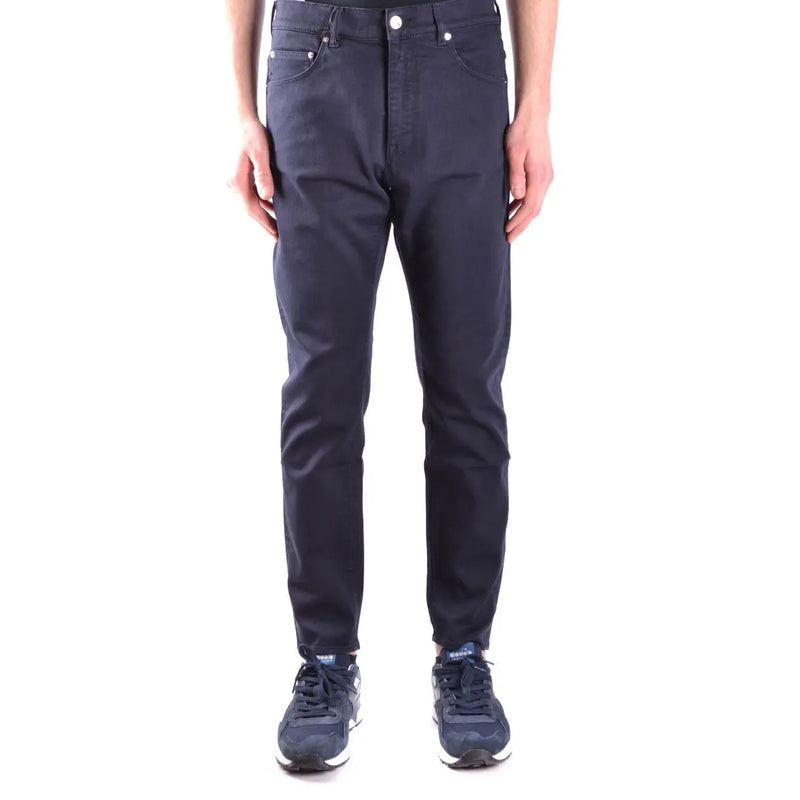 Pantalon homme Paolo Pecora en coton stretch bleu marine foncé, coupe slim, cinq poches classiques et finitions argentées.