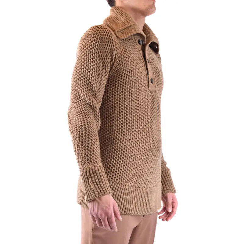Pull à col roulé Paolo Pecora pour homme, en laine camel, à maille gaufrée beige et bords-côtes aux poignets et à la base.