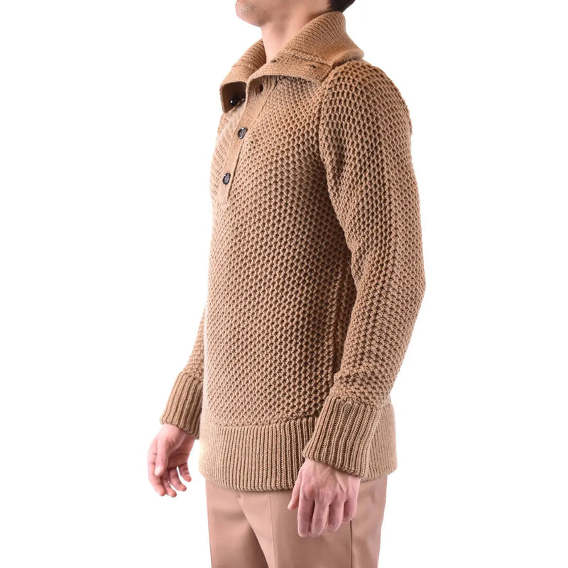 Paolo Pecora men knitwear camel wool textured sweater with collar and button closure for stylish warmth
