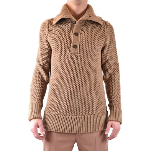 Pull homme Paolo Pecora en laine camel, col texturé et trois boutons foncés sur le devant