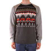 Pull en maille pour homme Paolo Pecora, en laine grise, orné de motifs géométriques rouges, blancs et vert olive sur la poitrine