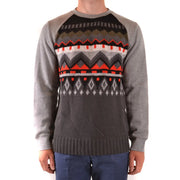 Paolo pecora men knitwear grey wool sweater with red white and olive green geometric patterns across the chest