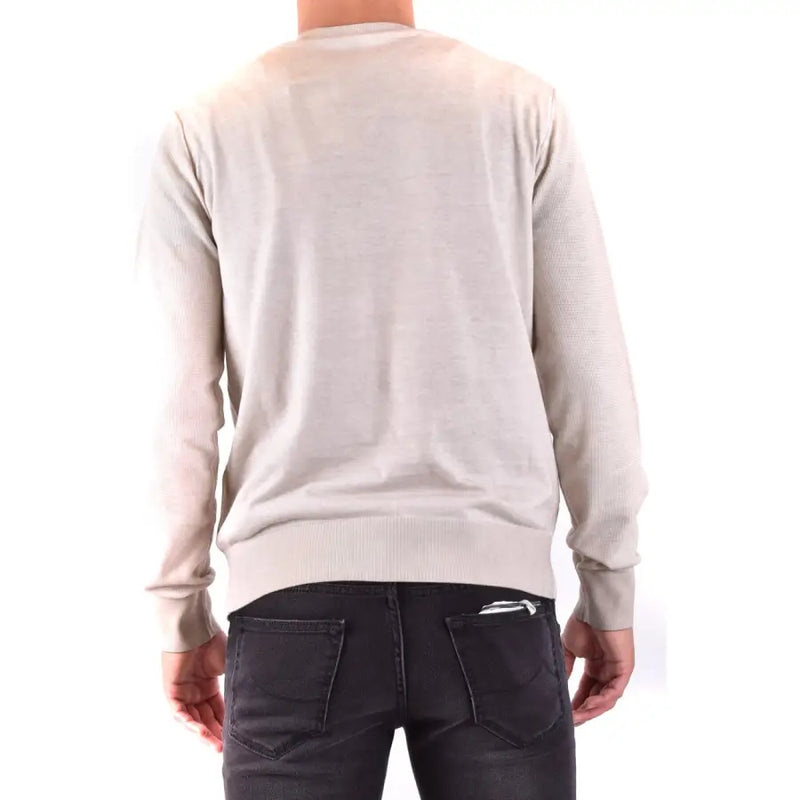 Pull beige à manches longues en maille côtelée, poignets et ourlet côtelés, de la collection de tricots pour hommes en coton blanc de Paolo Pecora
