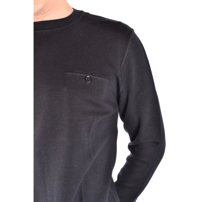 Pull en laine noire à manches longues pour homme Paolo Pecora, col rond côtelé et poche poitrine boutonnée