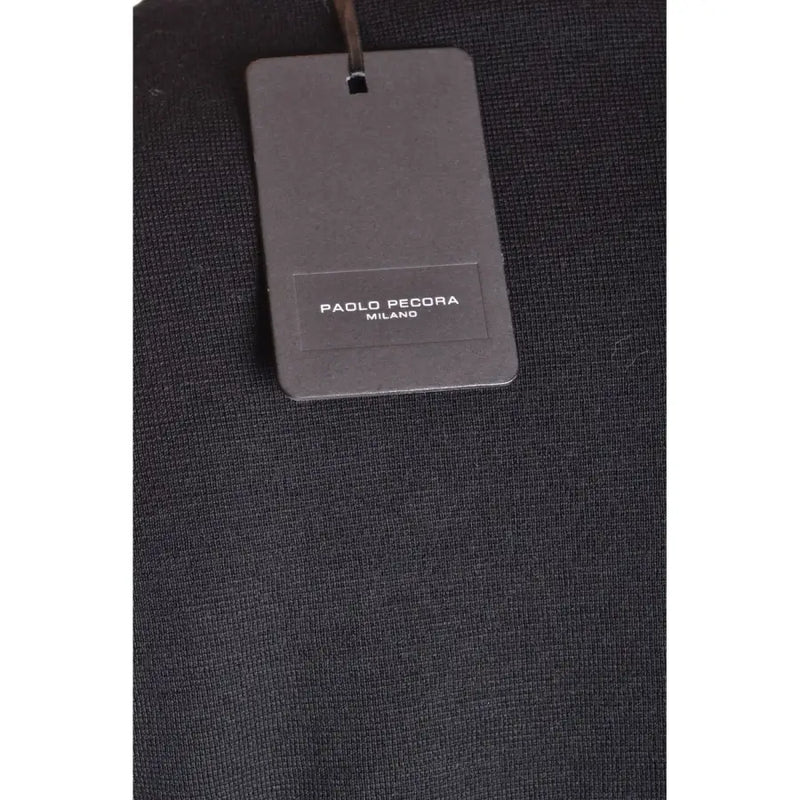 Vêtement à manches longues en maille de laine texturée noire, col rond et étiquette Paolo Pecora Milano noire mate.