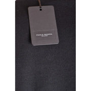Black textured wool knitwear with a round neck and matte black paolo pecora milano tag on long sleeve garment