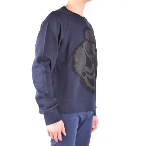Sweat-shirt homme Paolo Pecora bleu marine en coton, col rond et grand motif tigre noir sur la poitrine.