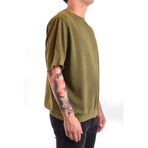 Paolo Pecora hommes t-shirt Sweat-shirt oversize vert olive à col rond, coupe décontractée et ourlet effiloché
