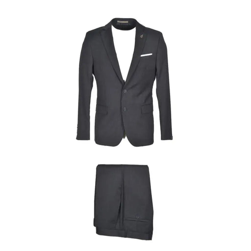 Black tailored suit with notched lapel two-button closure and matching trousers with flap pockets by paoloni gray fleece wool