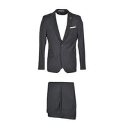 Black tailored suit with notched lapel two-button closure and matching trousers with flap pockets by paoloni gray fleece wool