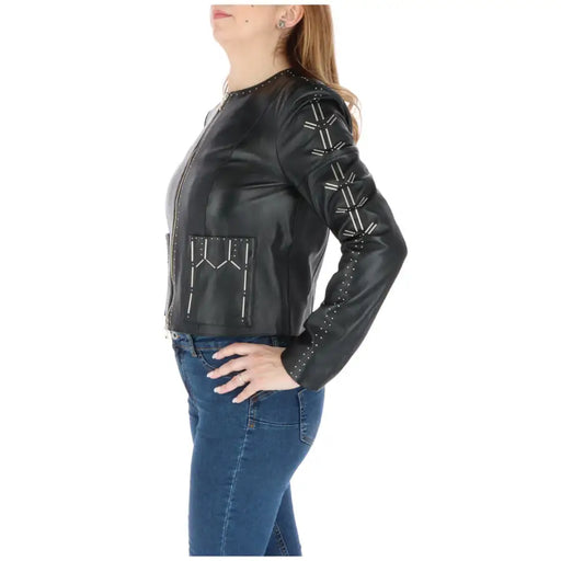 Patrizia Pepe women’s black faux leather moto jacket with silver stud detailing and front pockets