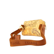 Patterned brown belt bag with world map design, includes matching pouch