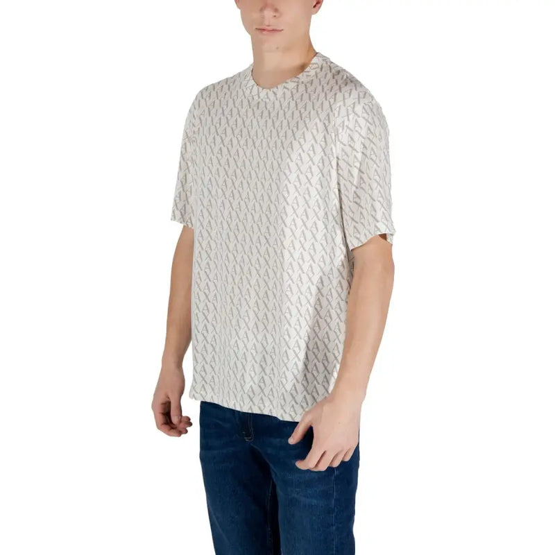 T-shirt à manches courtes gris clair à motifs géométriques répétés en gris foncé et col rond