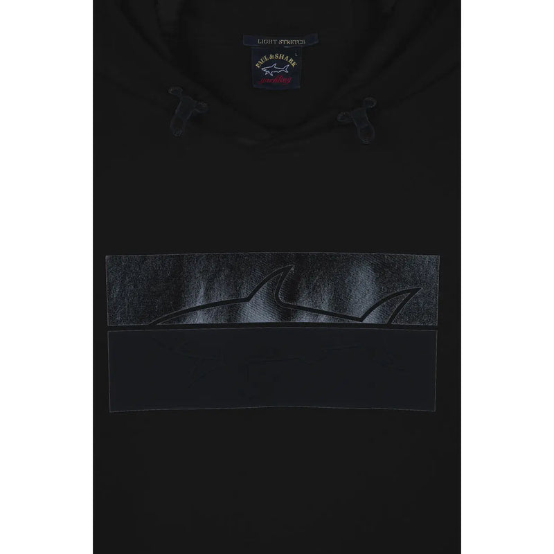 Sweat à capuche Paul and Shark pour homme, en coton noir, orné d'un motif texturé représentant un requin et d'une étiquette de la marque au niveau du col.