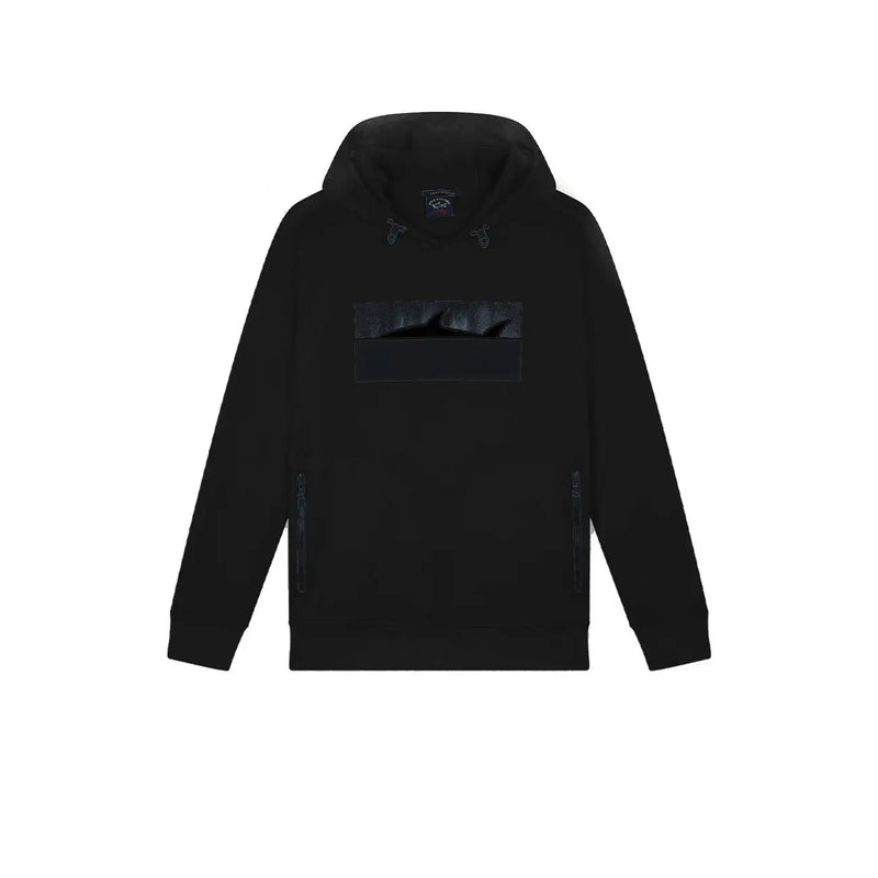 Sweat à capuche Paul and Shark pour homme, en coton noir, avec capuche zippée, poches latérales zippées et un discret écusson silhouette de requin.