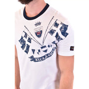 T-shirt Paul and Shark pour homme, blanc, en coton, coupe classique, avec bordures bleu marine et motif drapeau nautique vieilli.