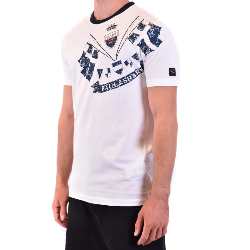 T-shirt Paul and Shark pour homme, en coton blanc, avec motif drapeau nautique bleu marine vieilli et col côtelé noir, coupe classique