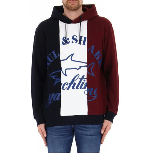 Sweat à capuche en coton pour homme Paul and Shark, orné de larges empiècements noirs, blancs et bordeaux et d'un logo requin bleu marine.
