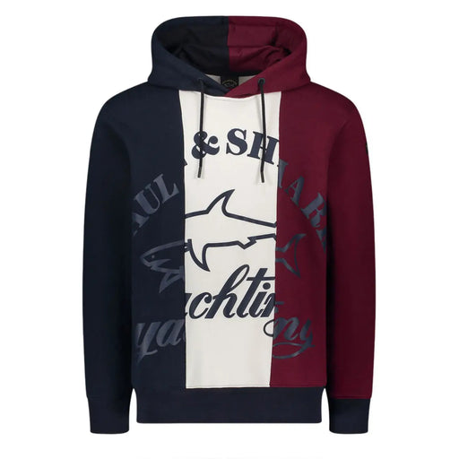 Sweat à capuche homme Paul and Shark en coton bleu marine, bordeaux et blanc, orné d'un logo requin et de la marque Paul and Shark.