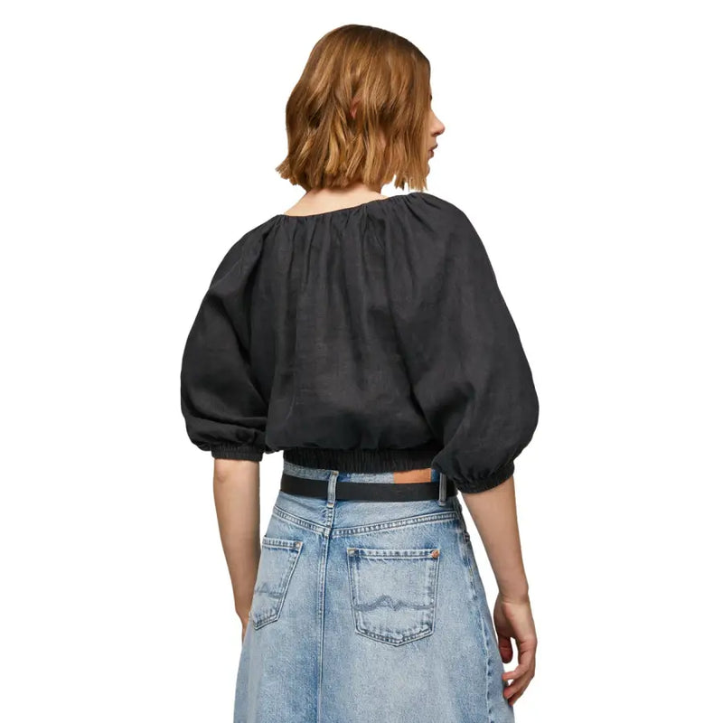 Pepe jeans black v-neck 3/4 sleeve t-shirt in linen blend with puffed sleeves and gathered neckline