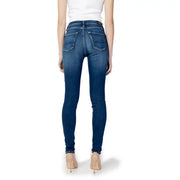 Pepe Jeans women blue worn-out effect denim slim fit dark blue jeans with classic back pockets shown from the back